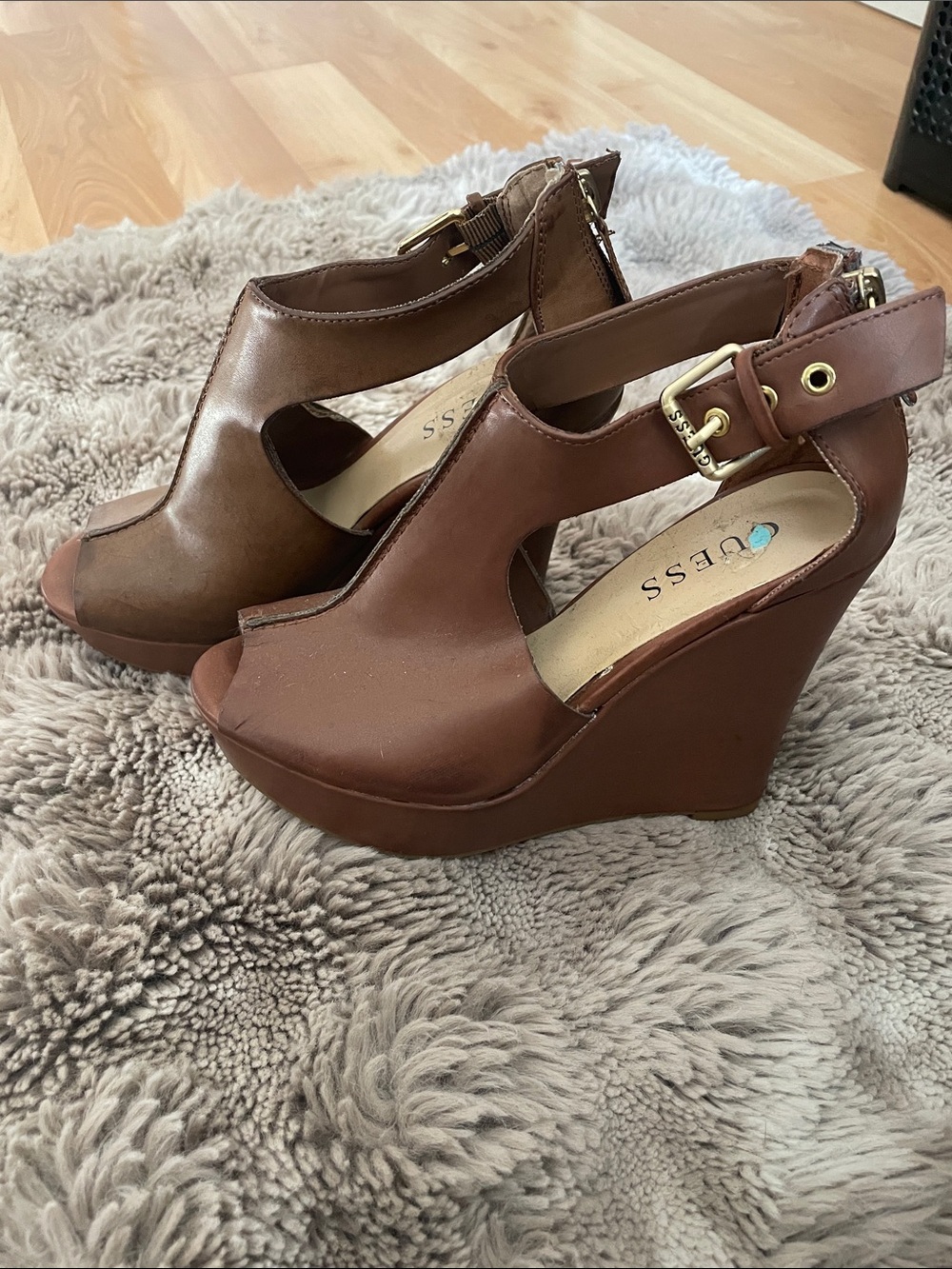 Guess 2000sBrown Peep-Toe Platform Wedge Sandals with Gold Buckle